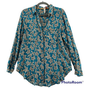 Anthropologie Pilcro Blue Print Viscose Button Down Sz Medium